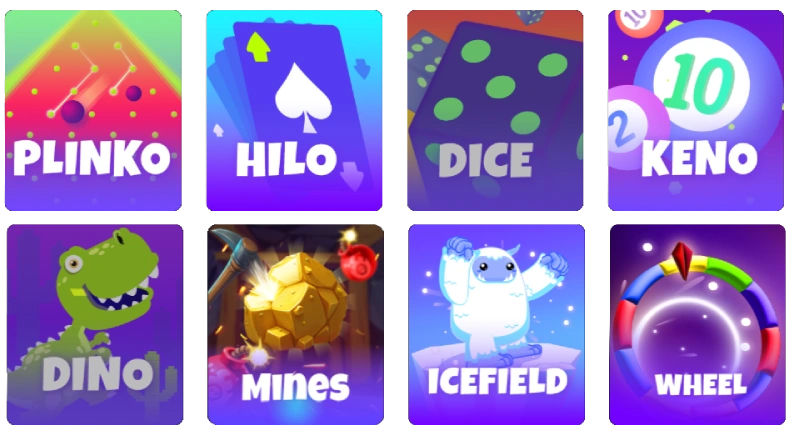 A grid of eight colourful tiles for Plinko, Hilo, Dice, Keno, Dino, Mines, Icefield, and Wheel appears on a clean white background as part of the Freshbet 2 Game Categories showcase, illustrating the quick-select path for casual and instant-win titles.