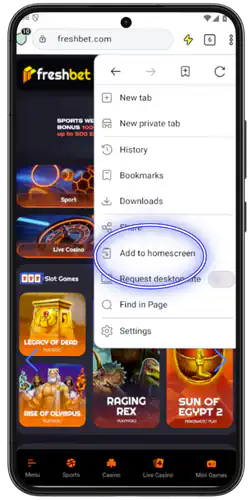 Add to home screen Fresh bet App
